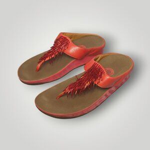 FITFLOP Rumba Wedge Womens Size 9 Orange Thong Flip Flop Fringe Beaded Sandals